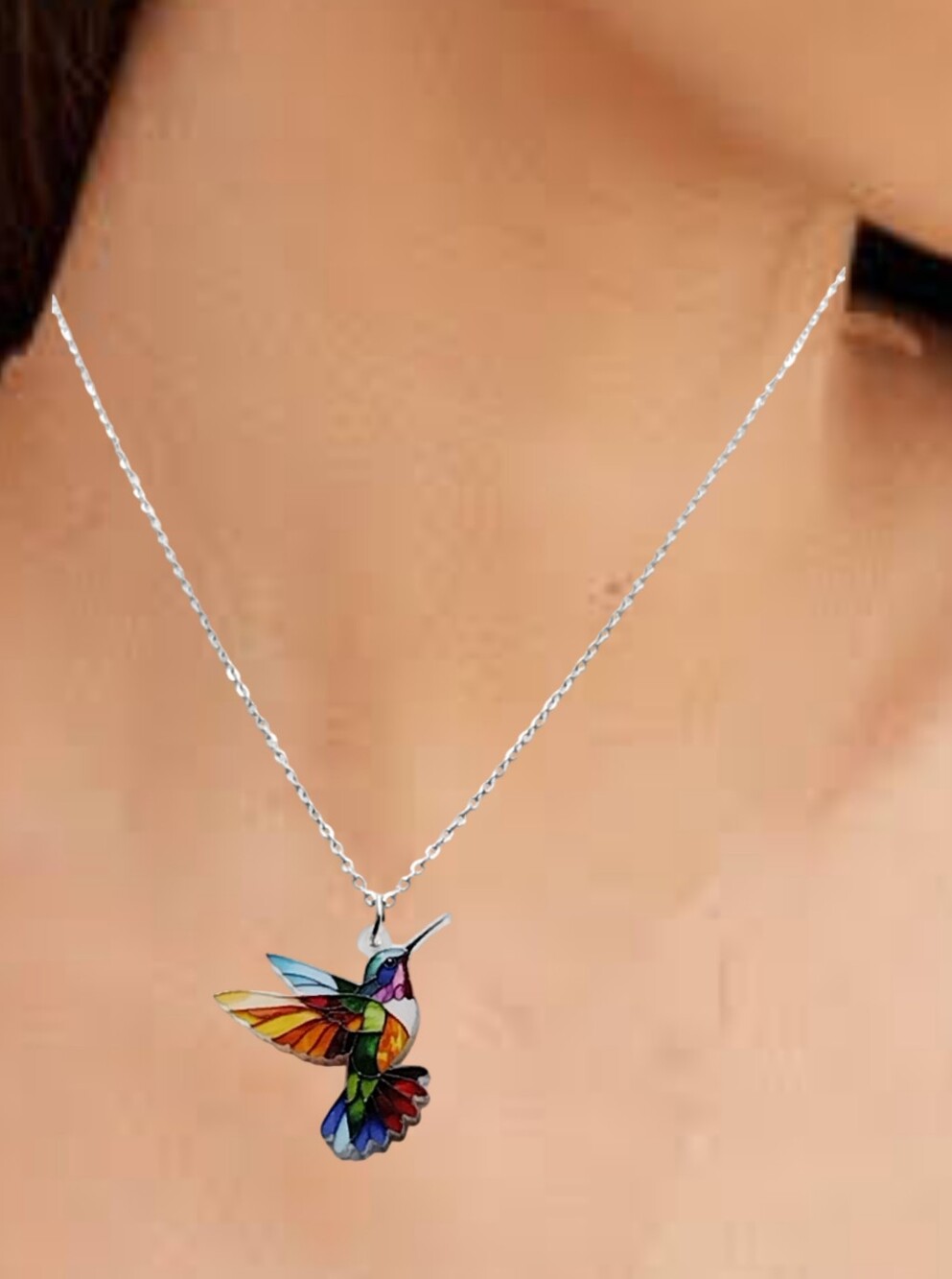 Multicolor 2D Hummingbird Pendant w/ Stainless Steel Necklace NWOT